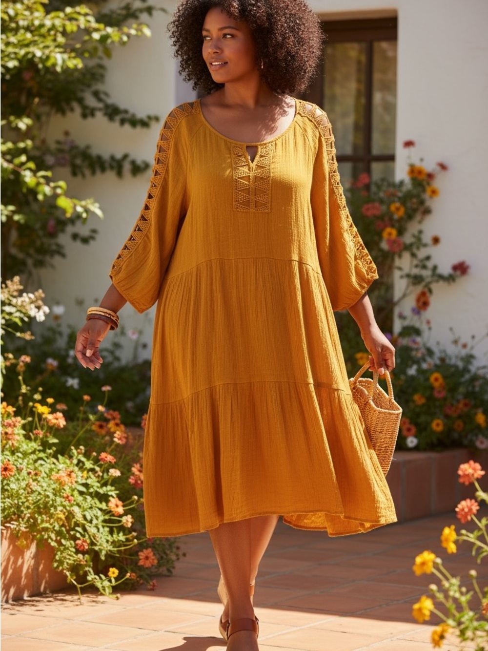 Boho Tiered Midi Dress in Mustard